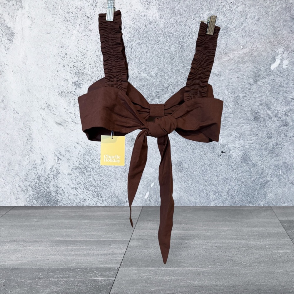 Charlie Holiday Brown Ruched Tie Front Crop Top